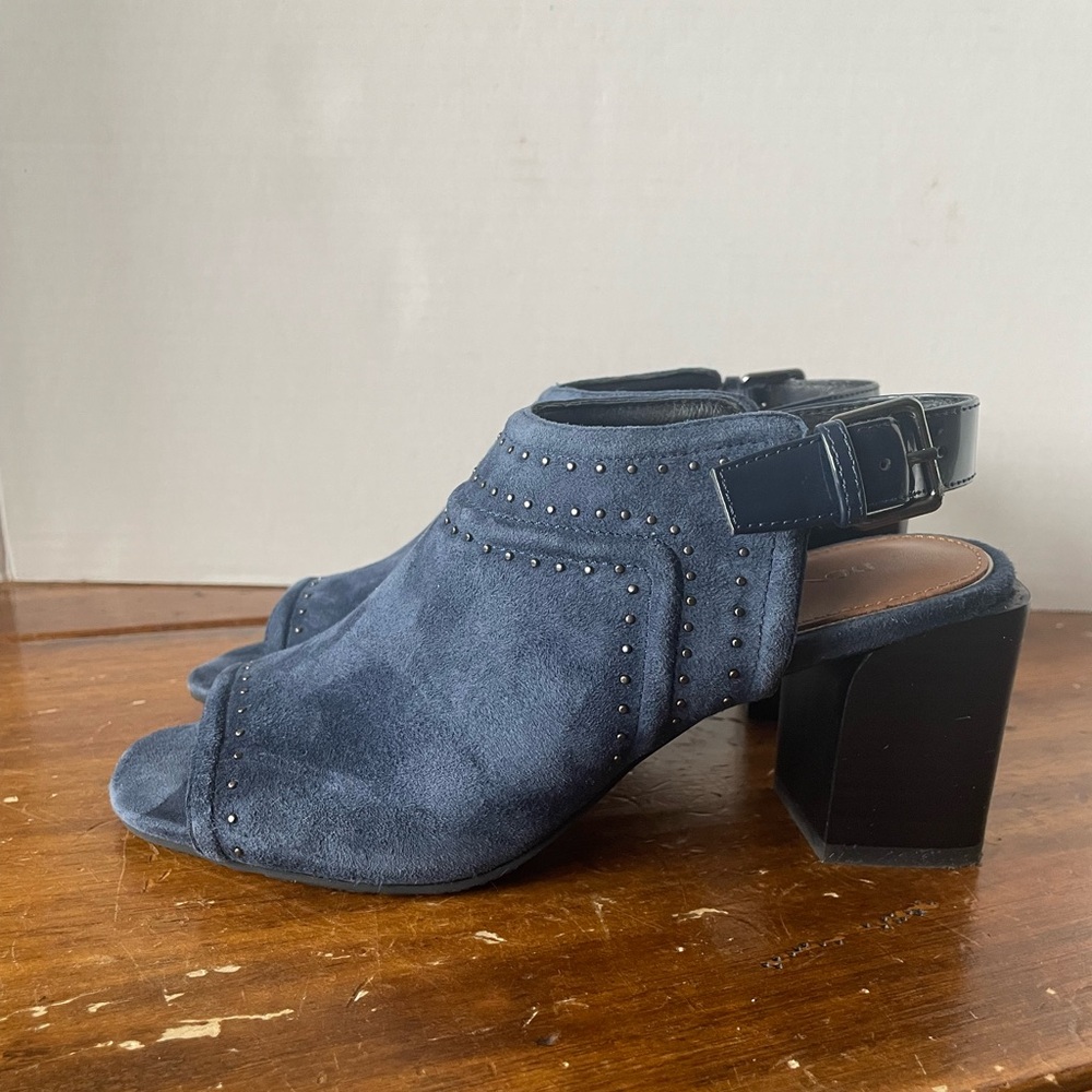 Donald J Pliner Penny SP Blue Suede Peep Toe Heel Pump Sandals Size 5.5